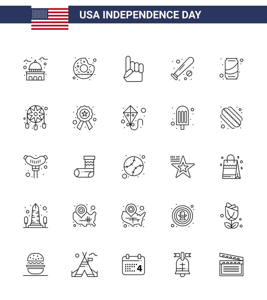 4th July USA Happy Independence Day Icon Symbols Group of 25 Modern Lines of usa bat food baseball american Editable USA Day Vector Design Elements