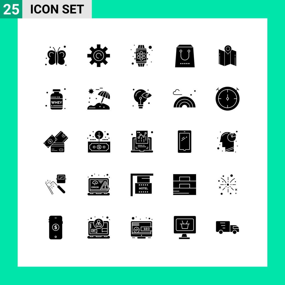 Pack of 25 creative Solid Glyphs of map package device e buy Editable Vector Design Elements