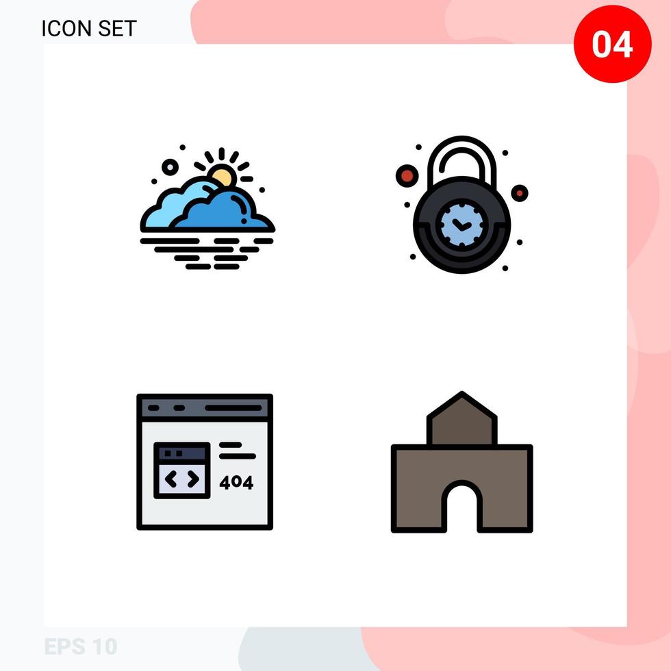 Modern Set of 4 Filledline Flat Colors and symbols such as cloud security sun clock browser Editable Vector Design Elements