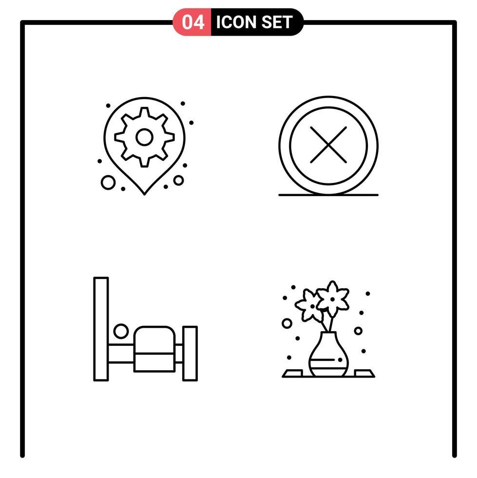 Mobile Interface Line Set of 4 Pictograms of gear remove pin close bedroom Editable Vector Design Elements