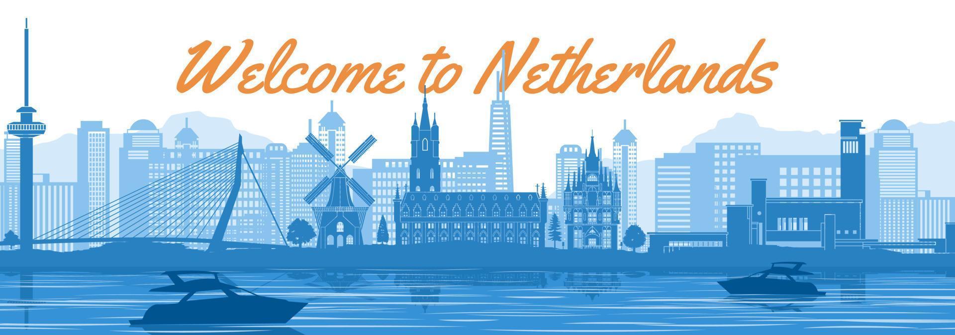 Netherlands famous landmark with blue and white color design vector