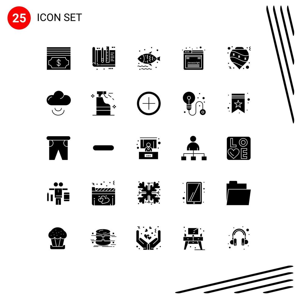 Group of 25 Solid Glyphs Signs and Symbols for bauble web fish javascript design Editable Vector Design Elements