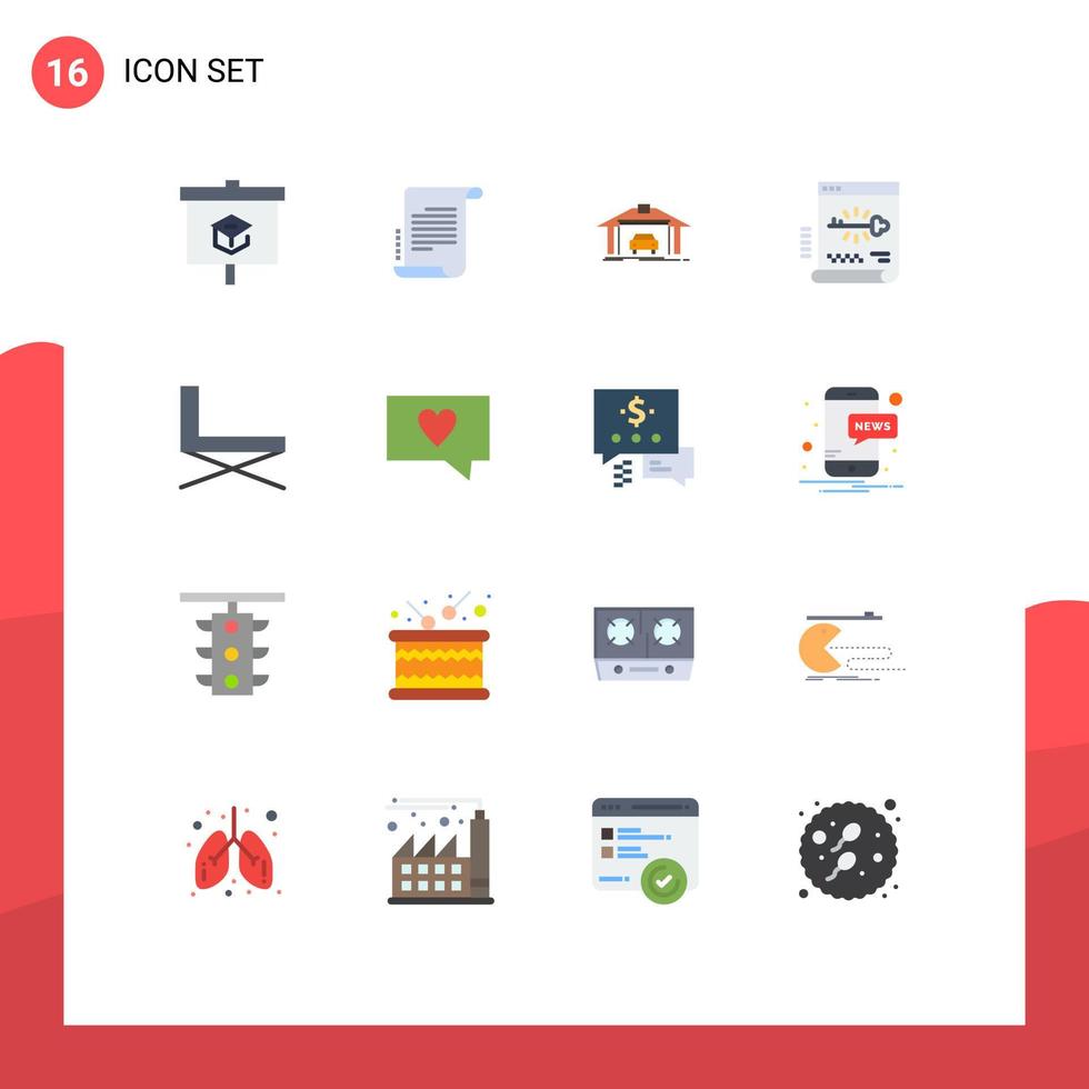 Set of 16 Modern UI Icons Symbols Signs for chair document garage login key Editable Pack of Creative Vector Design Elements