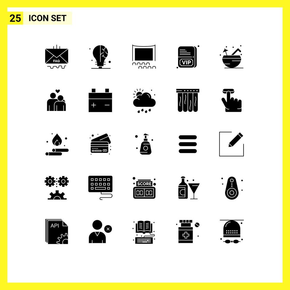Group of 25 Modern Solid Glyphs Set for drink beach audience vip card Editable Vector Design Elements