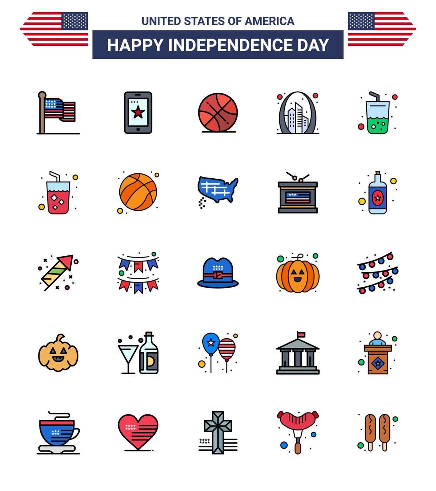 Paquete de 25 líneas planas llenas de EE. UU. De signos y símbolos del día de la independencia de hito de vidrio arco de puerta de backetball editable elementos de diseño de vector de día de EE. UU.