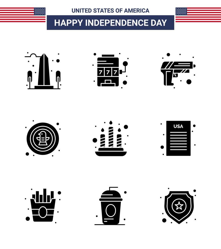 Editable Vector Line Pack of USA Day 9 Simple Solid Glyphs of badge celebration game bird weapon Editable USA Day Vector Design Elements