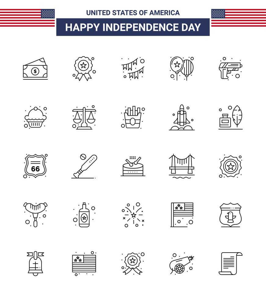 USA Independence Day Line Set of 25 USA Pictograms of gun day american celebrate garland Editable USA Day Vector Design Elements