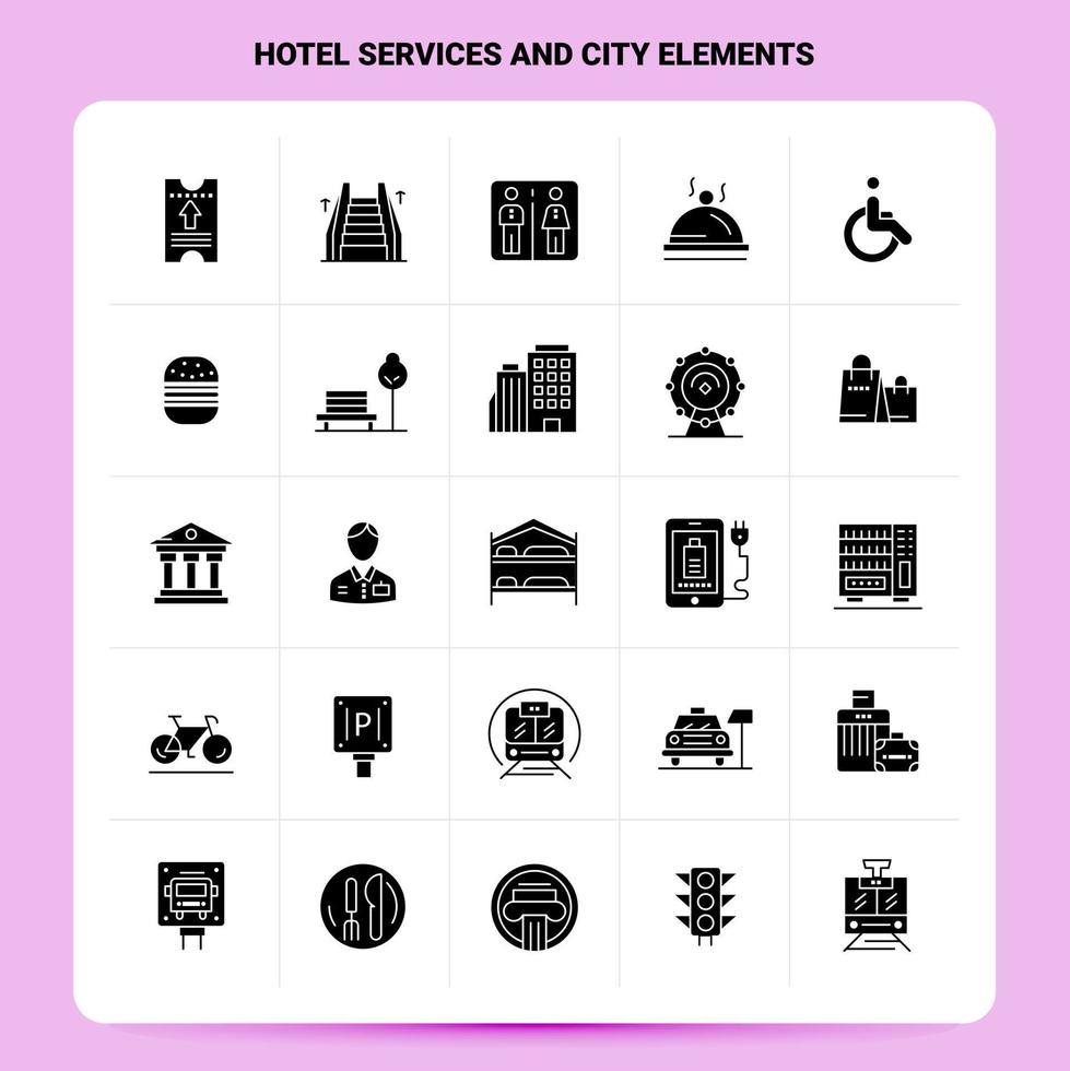Solid 25 Hotel services And City Elements Icon set Vector Glyph Style Design Black Icons Set Web and Mobile Business ideas design Vector Illustration