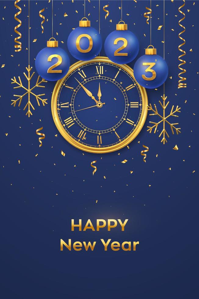 Happy New Year 2023. Hanging Blue Christmas bauble balls with realistic gold 3d numbers 2023 and snowflakes. Watch with Roman numeral and countdown midnight, eve for New Year. Merry Christmas. Vector. vector