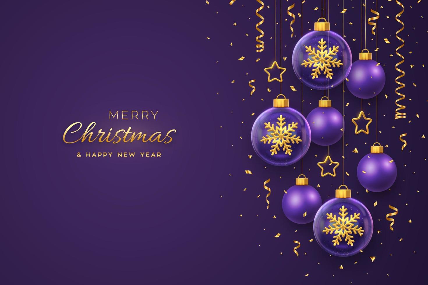 tarjeta de felicitación de feliz navidad. copos de nieve 3d brillantes dorados en una bola de cristal. fondo morado navideño con estrellas y bolas doradas colgantes. vacaciones de navidad, banner de año nuevo, volante. ilustración vectorial vector