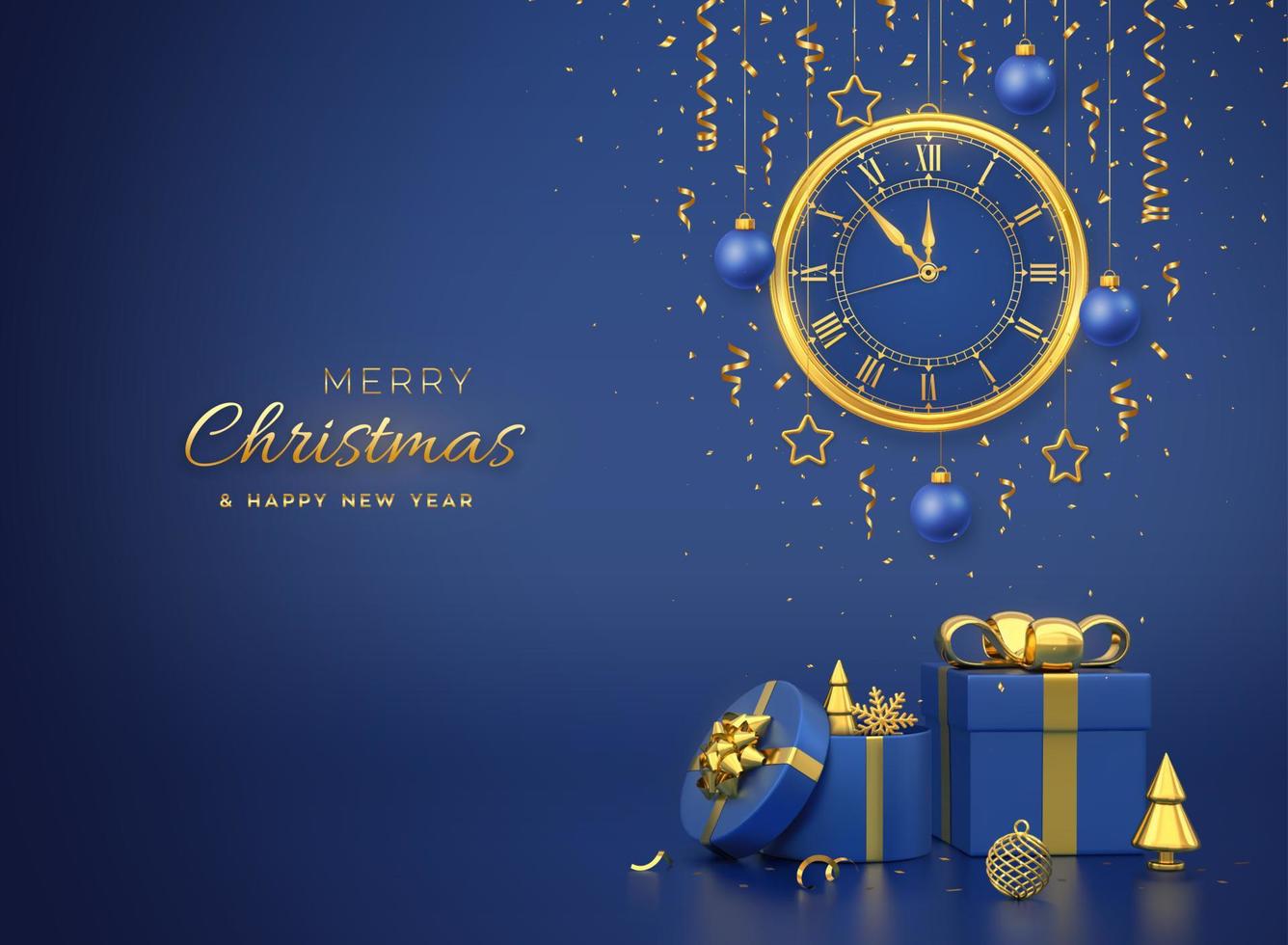 Merry christmas card. Watch with Roman numeral and countdown midnight, eve for New Year. Gold snowflake, balls, stars on blue background. Gift box and golden pine fir cone shape spruce trees. Vector. vector