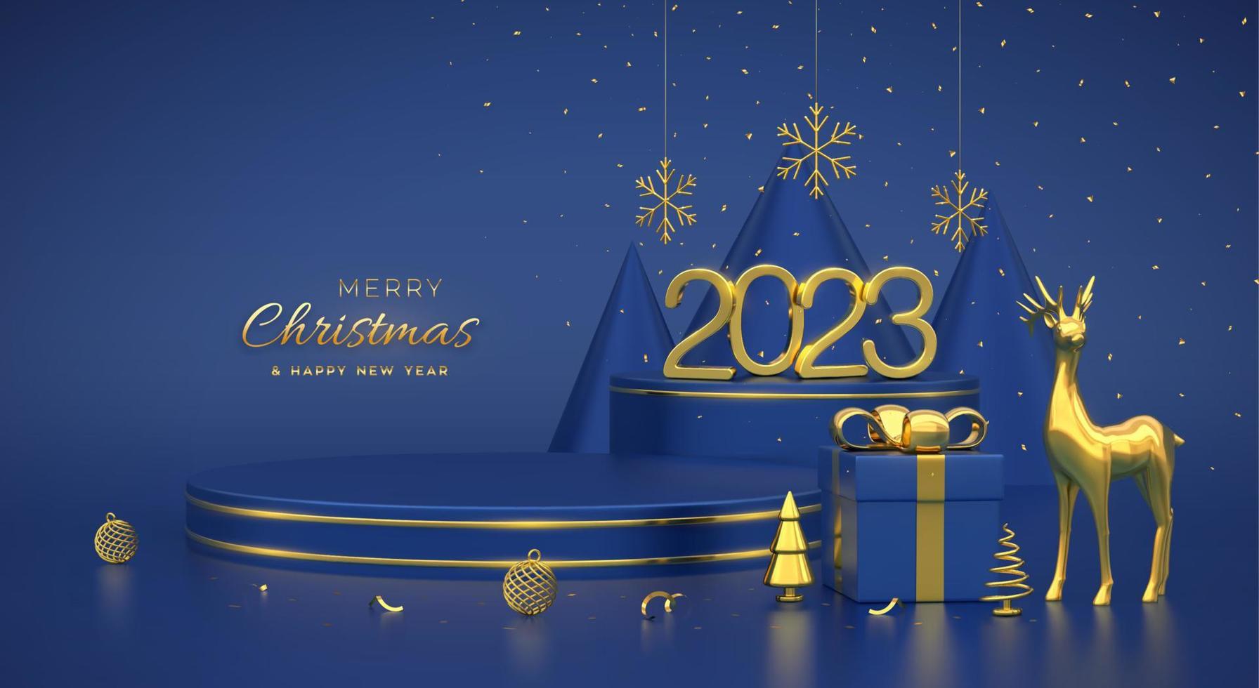 escena navideña y plataformas redondas 3d sobre fondo azul. Números dorados 3d 2023. pedestal en blanco con ciervos, copos de nieve brillantes, bolas, cajas de regalo, pino en forma de cono metálico dorado, abetos. vector. vector