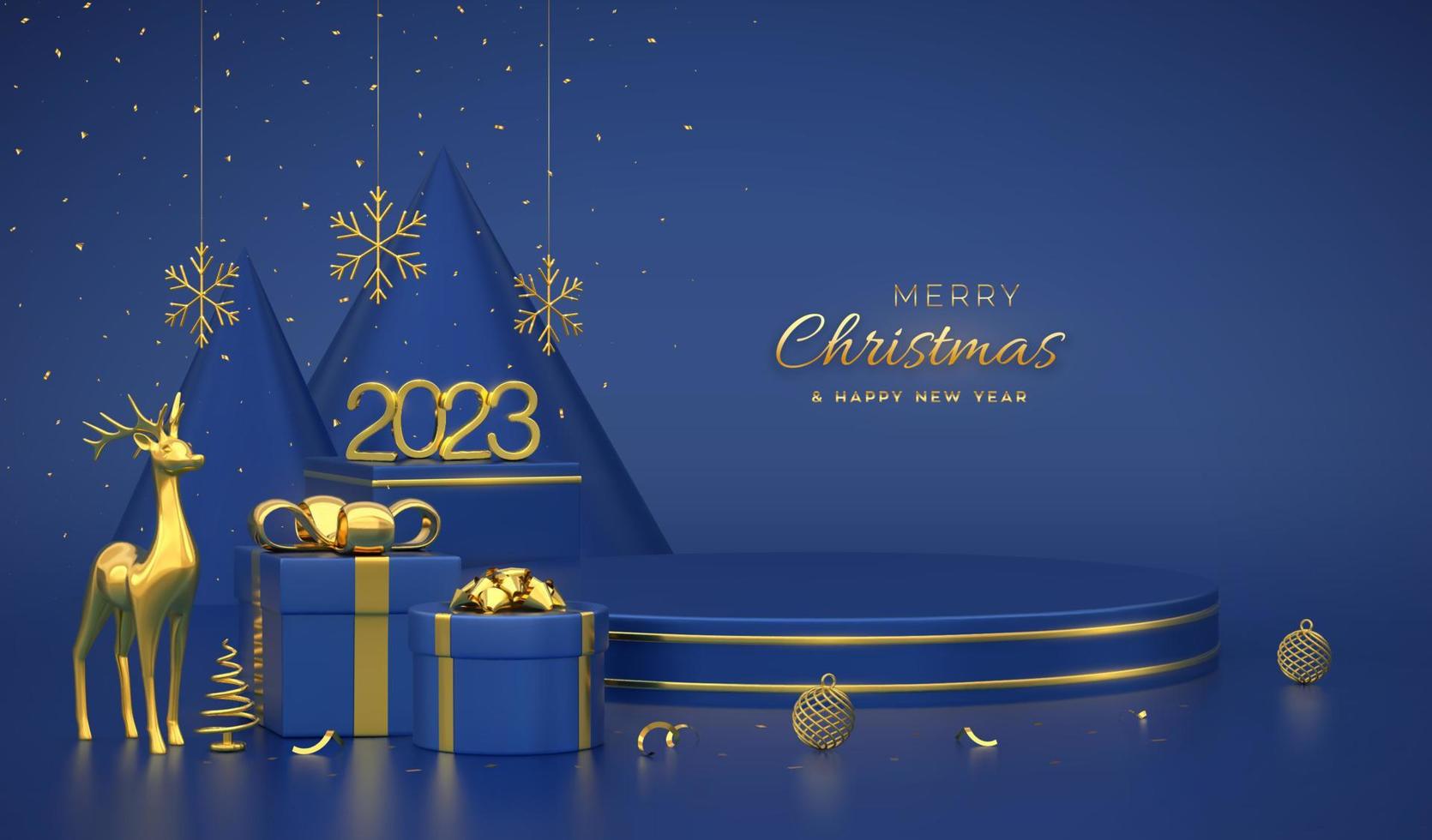 Christmas Scene and 3D round platforms on blue background. 3D Golden numbers 2023. Blank Pedestal with deer, shining snowflakes, balls, gift boxes, gold metallic cone shape pine, spruce trees. Vector. vector