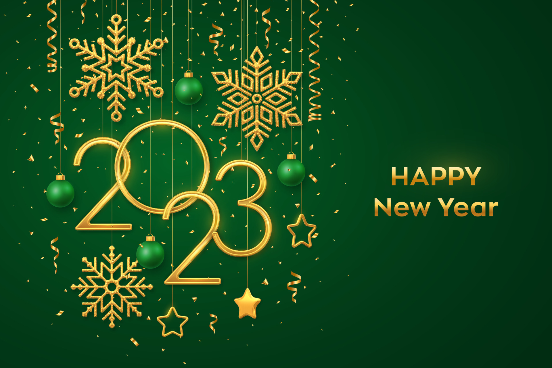 Happy New 2023 Year. Hanging Golden metallic numbers 2023 with shining  snowflakes, 3D metallic stars, balls and confetti on green background. New  Year greeting card or banner template. Vector. 14632853 Vector Art at  Vecteezy