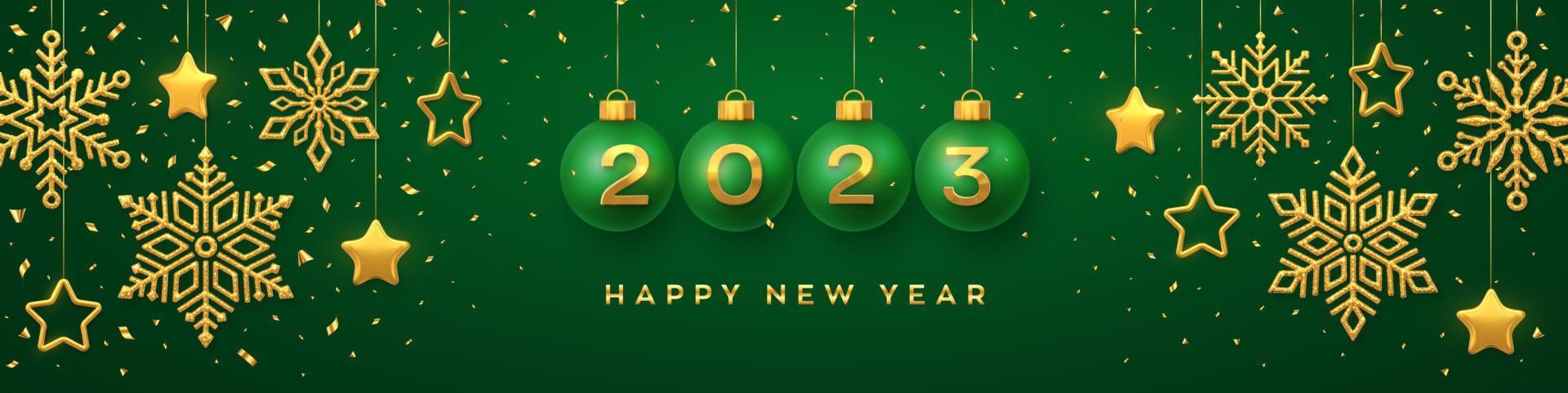 Happy New Year 2023. Hanging green Christmas bauble balls with realistic golden 3d numbers 2023. Golden snowflakes and 3D metallic stars on green background. Holiday banner header. Vector Illustration