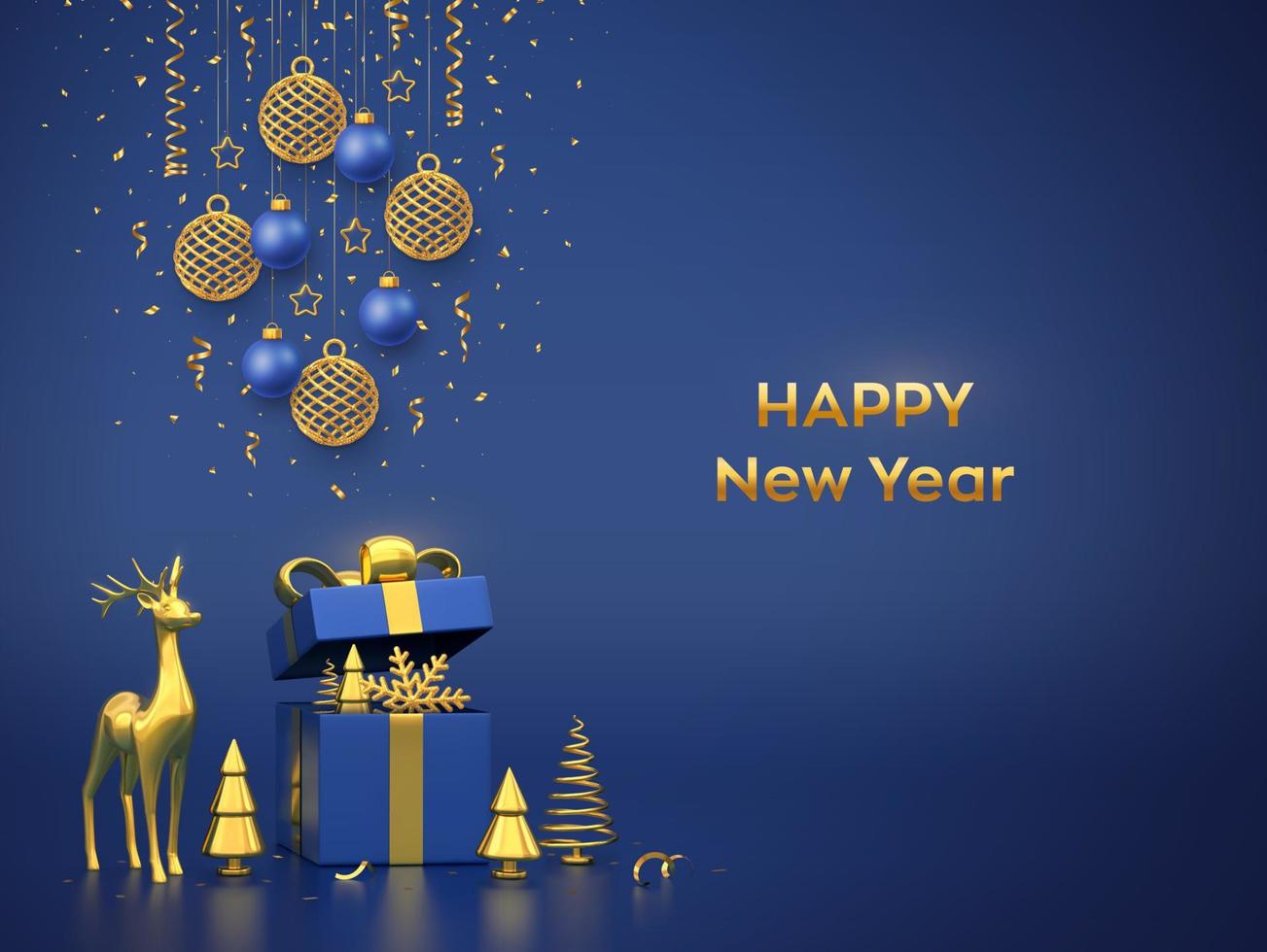 Merry christmas card, banner with hanging shining gold, blue balls, golden stars, confetti on blue background. Gift box, deer, golden metallic pine or fir cone shape spruce trees. Vector illustration.