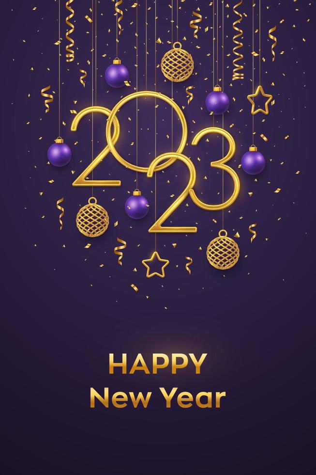 feliz año nuevo 2023. colgando números metálicos dorados 2023 con brillantes estrellas metálicas 3d, bolas, confeti sobre fondo morado. tarjeta de felicitación de año nuevo, plantilla de banner. ilustración vectorial realista. vector