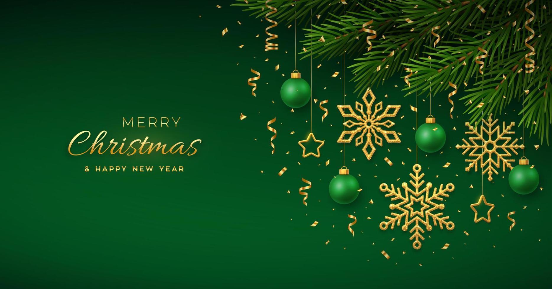 Christmas background with hanging golden snowflakes and green balls, gold metallic stars