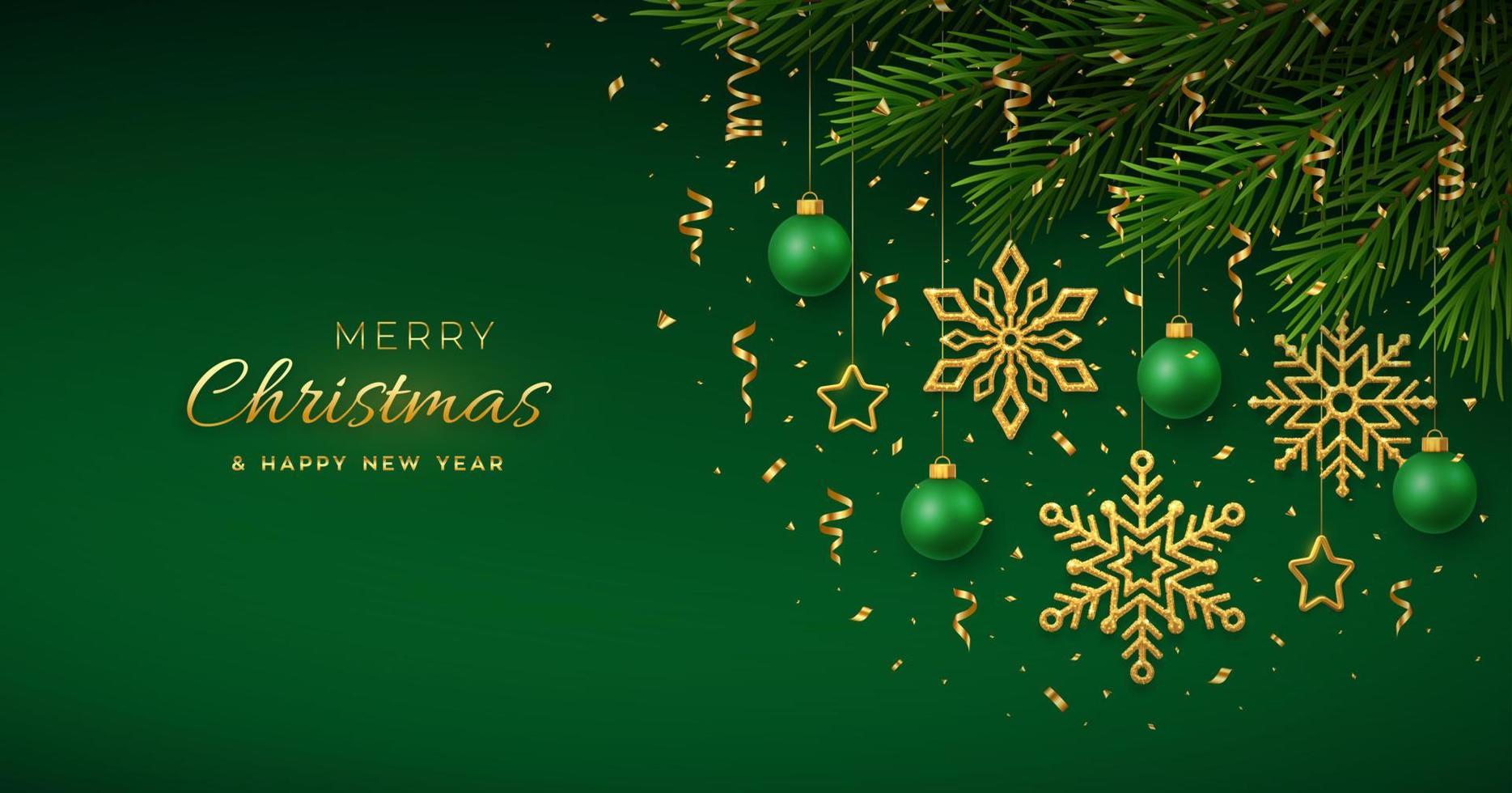 Christmas background with hanging golden snowflakes and green balls, gold metallic stars, confetti, pine branches. Merry christmas greeting card. Holiday Xmas New Year poster, cover, banner. Vector. vector