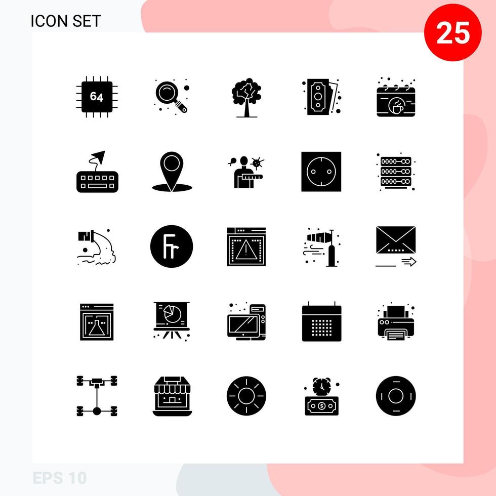 25 User Interface Solid Glyph Pack of modern Signs and Symbols of coffee calendar tree shopping money Editable Vector Design Elements