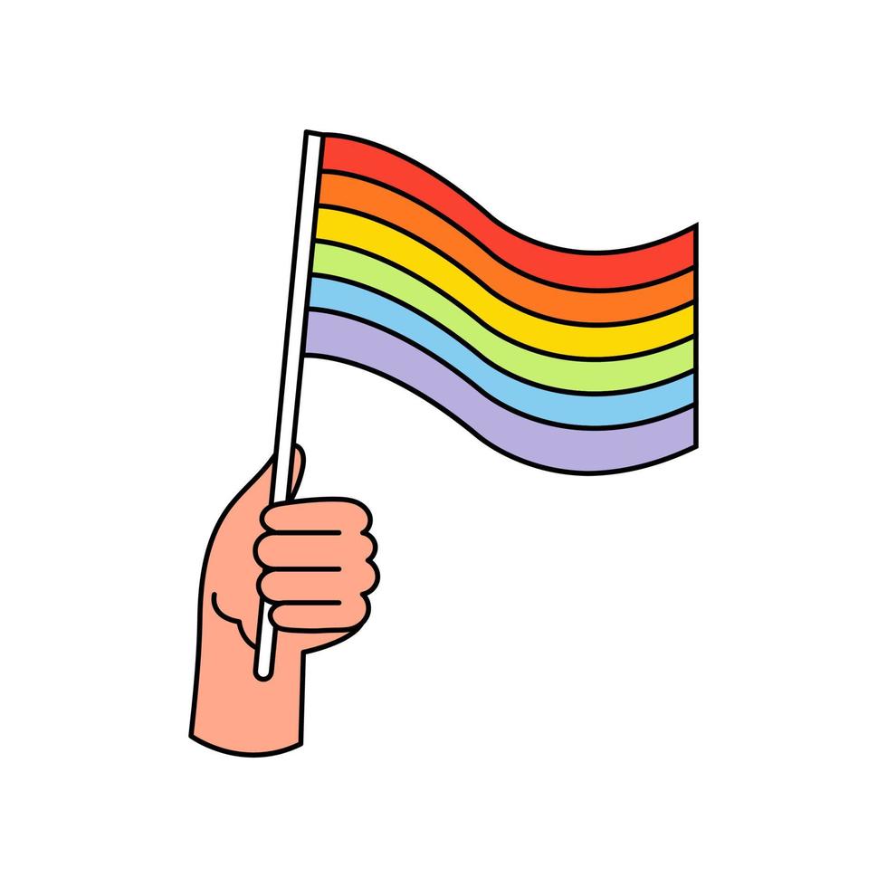 Hand holds lgbt flag doodle icon. vector