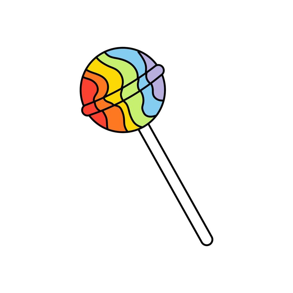 piruleta de arco iris o icono de garabato de bastón de caramelo. vector