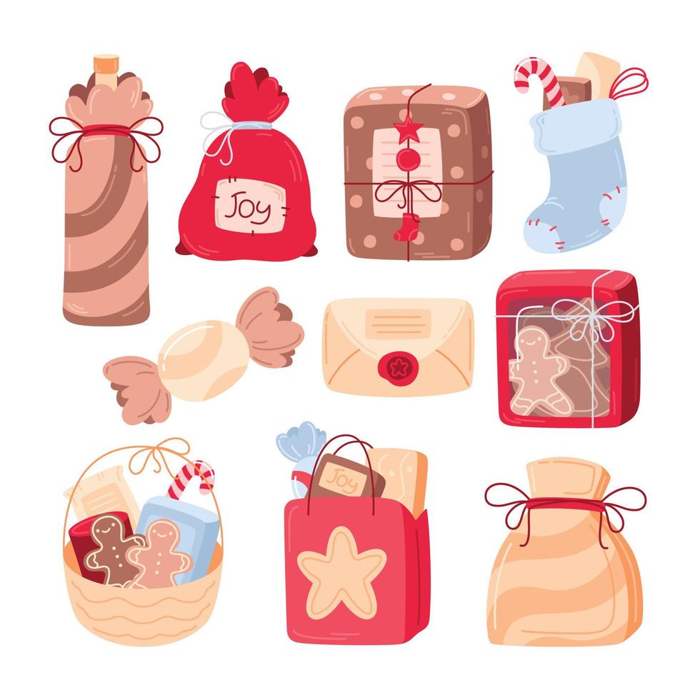 Set of colorful present and gift boxes of different shapes. Festive decoration. Illustrations for holiday decoration, greeting card, stickers, notebooks, patterns vector