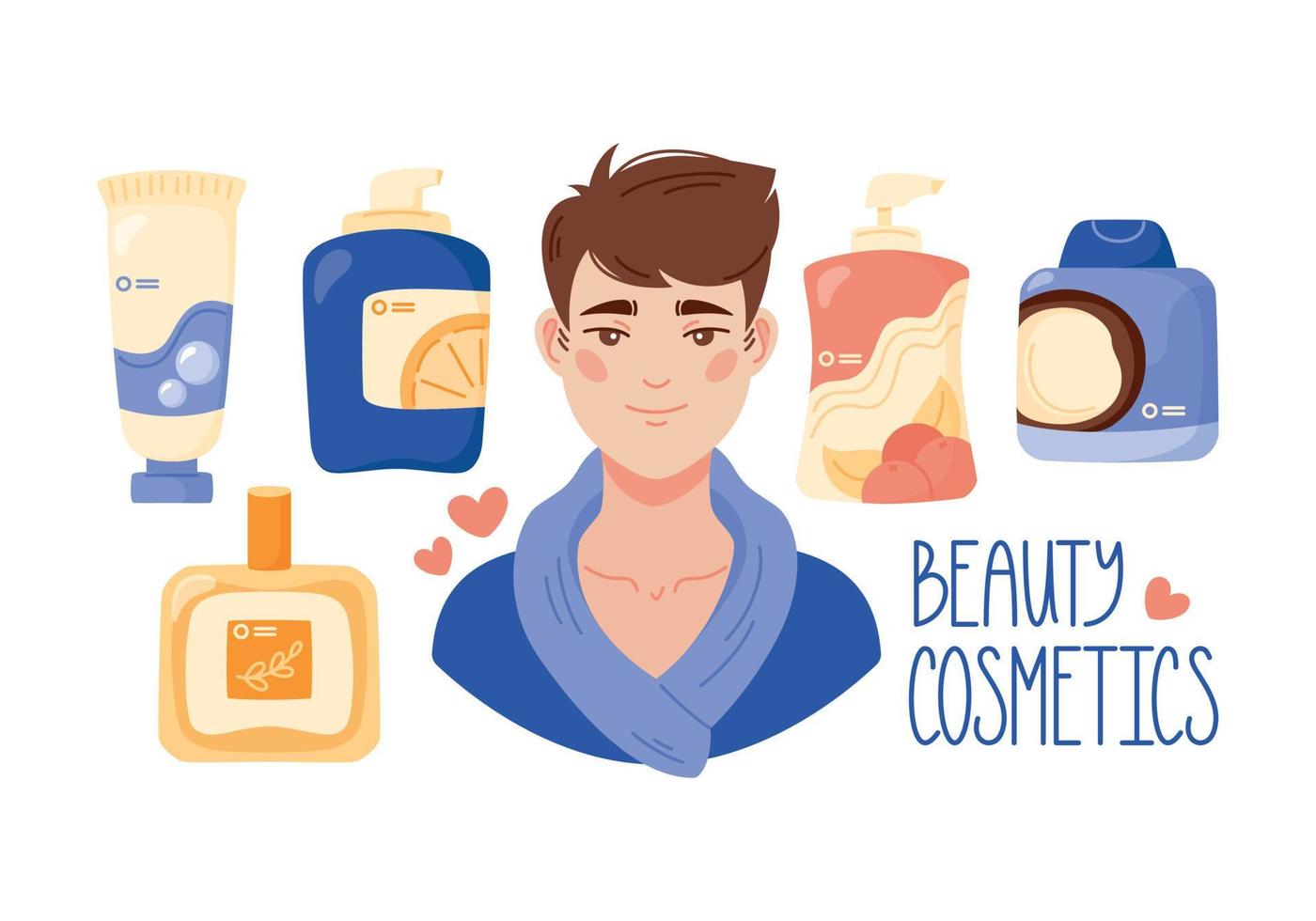 Beauty illustration set. Young man with beautiful healthy skin. Different cosmetic products. Daily skin care. Color flat graphic vector illustration. Cartoon style