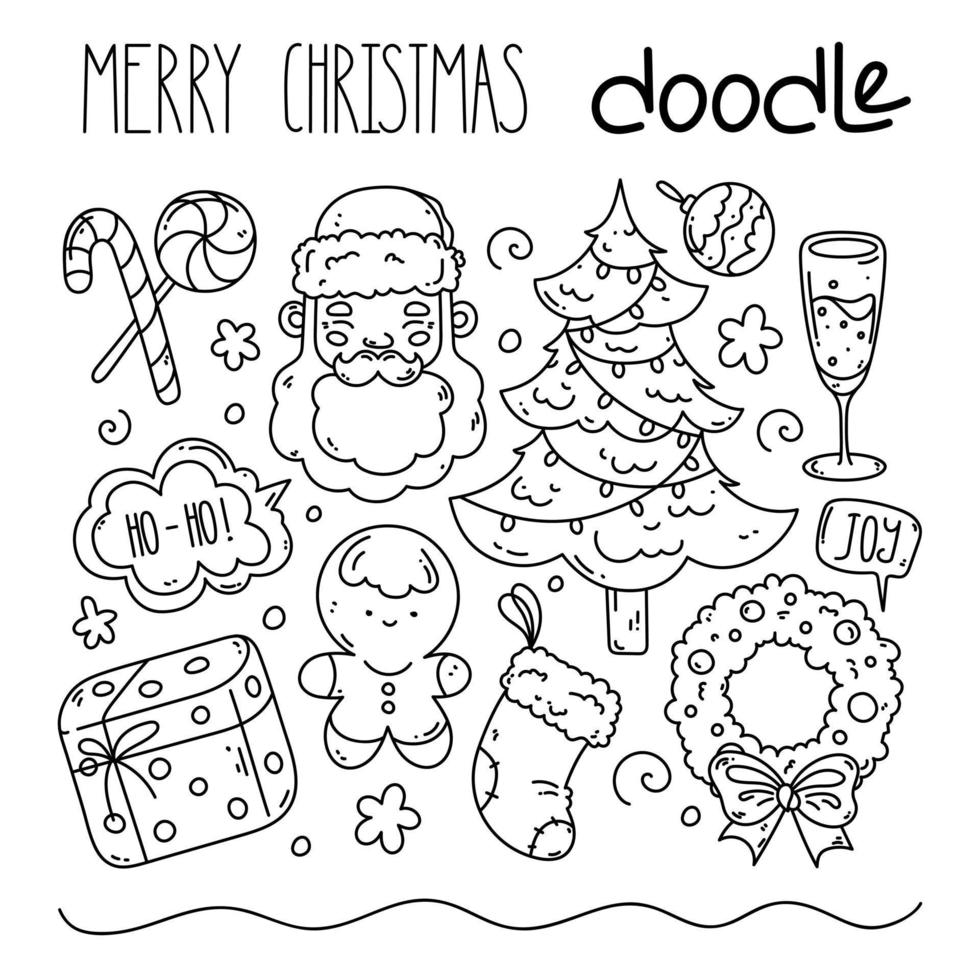 Hand drawn collection of Merry Christmas doodles. Line art, cartoon style. Festive mood. vector