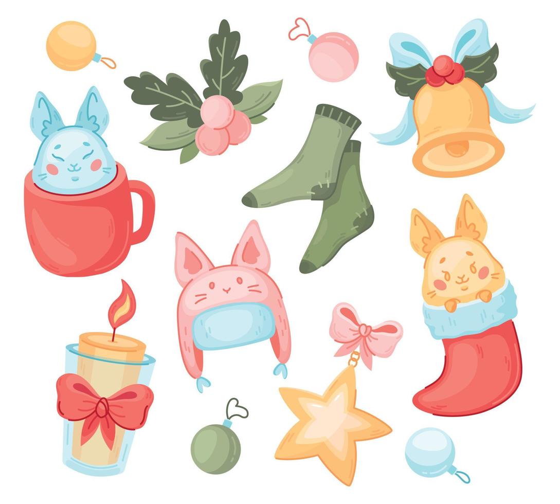 Vector colorful christmas and new year set. Pastel colors. Festive decoration. Rabbits, bows and toys. Illustrations for holiday decoration, greeting card, stickers, notebooks, patterns