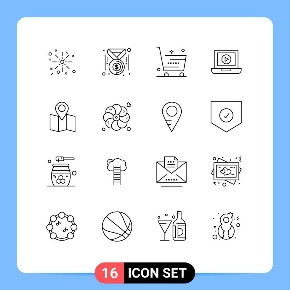 16 Universal Outlines Set for Web and Mobile Applications pointer location ecommerce video laptop Editable Vector Design Elements