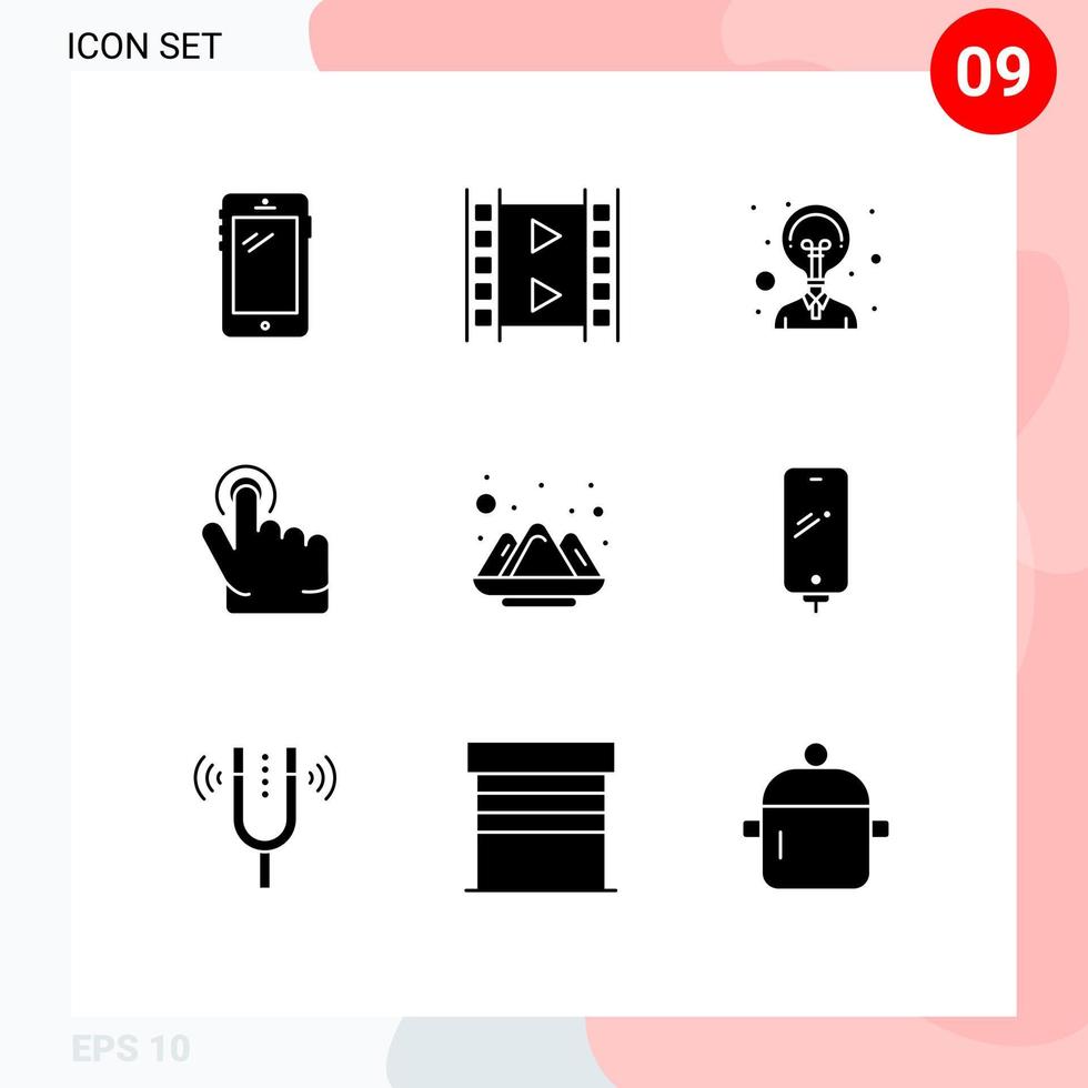 9 User Interface Solid Glyph Pack of modern Signs and Symbols of india color multimedia hand click Editable Vector Design Elements