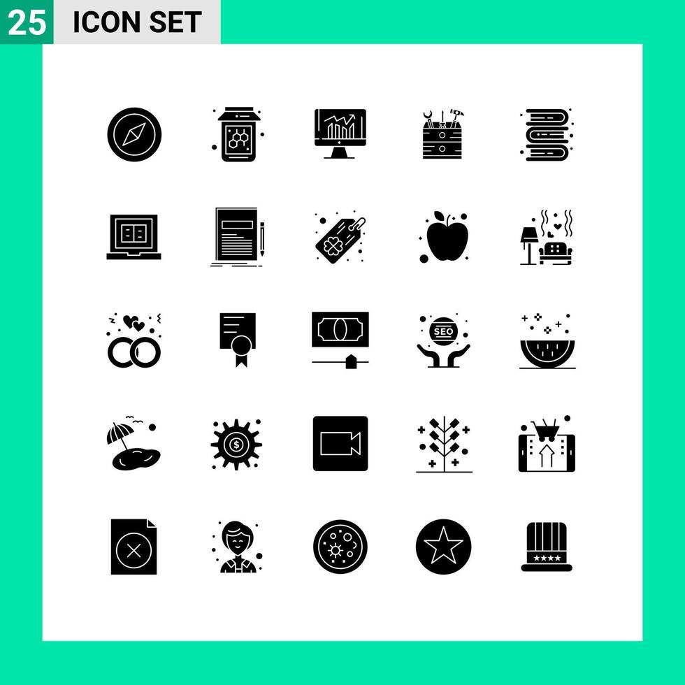 Modern Set of 25 Solid Glyphs and symbols such as knowledge books report tools box Editable Vector Design Elements