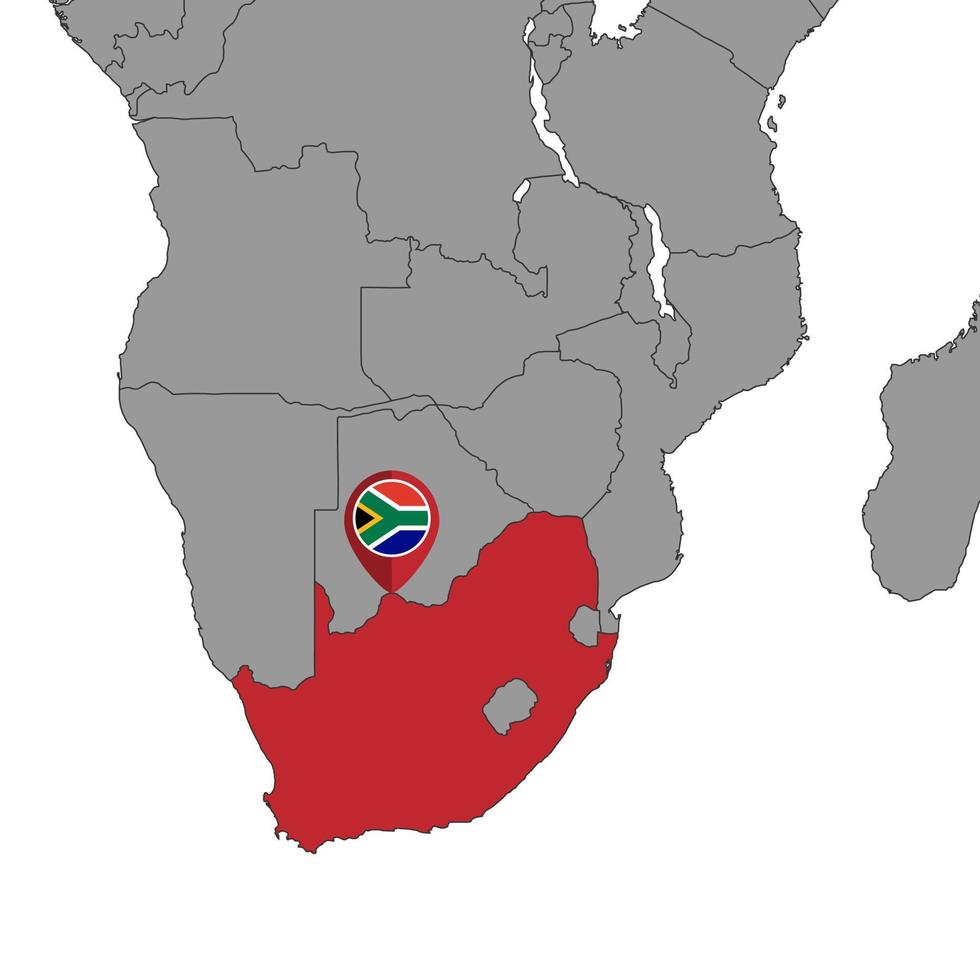 Pin map with South Africa flag on world map. Vector illustration.