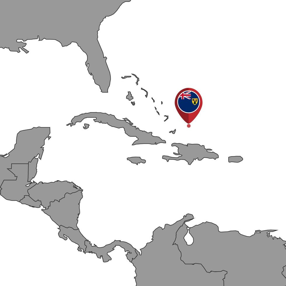 Pin map with Turks and Caicos Islands flag on world map. Vector illustration.