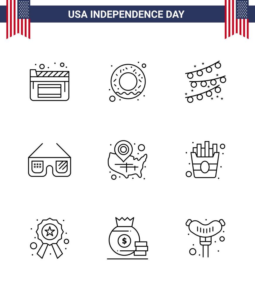 Happy Independence Day Pack of 9 Lines Signs and Symbols for location pin usa party bulb states usa Editable USA Day Vector Design Elements