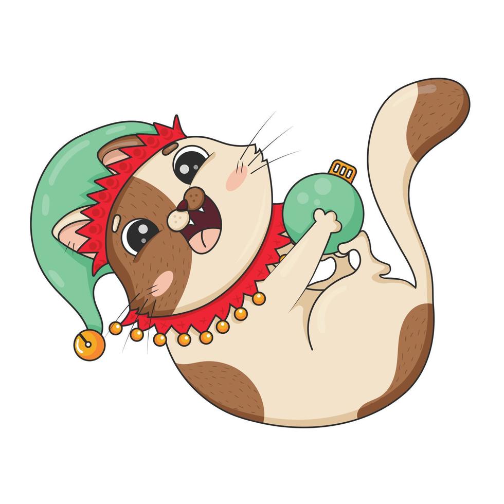 Lindo gato de dibujos animados en traje de elfo de Navidad jugando con juguete de Navidad aislado sobre fondo blanco. vector