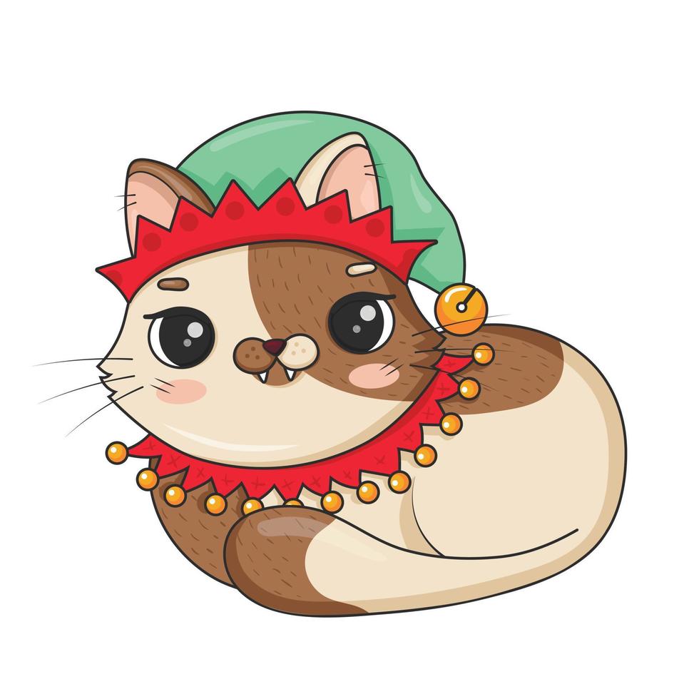 Cute cartoon cat in christmas elf costume lies curled up isolated on white background vector