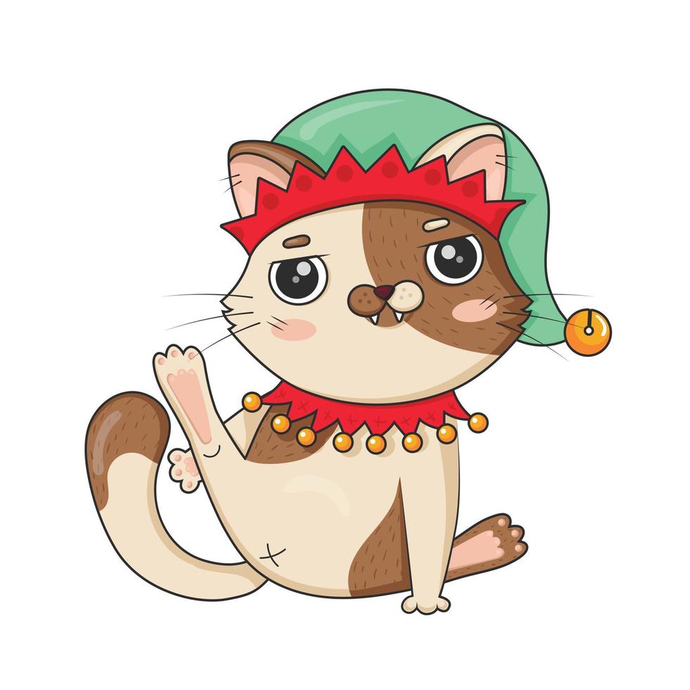 Lindo gato de dibujos animados en traje de elfo de Navidad con la pata trasera levantada aislado sobre fondo blanco. vector