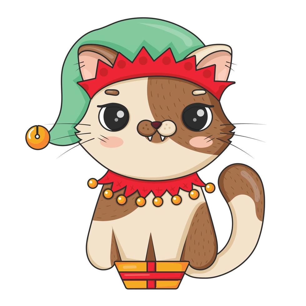 lindo gato de dibujos animados en traje de elfo de navidad se sienta en caja pequeña de regalo aislado sobre fondo blanco vector