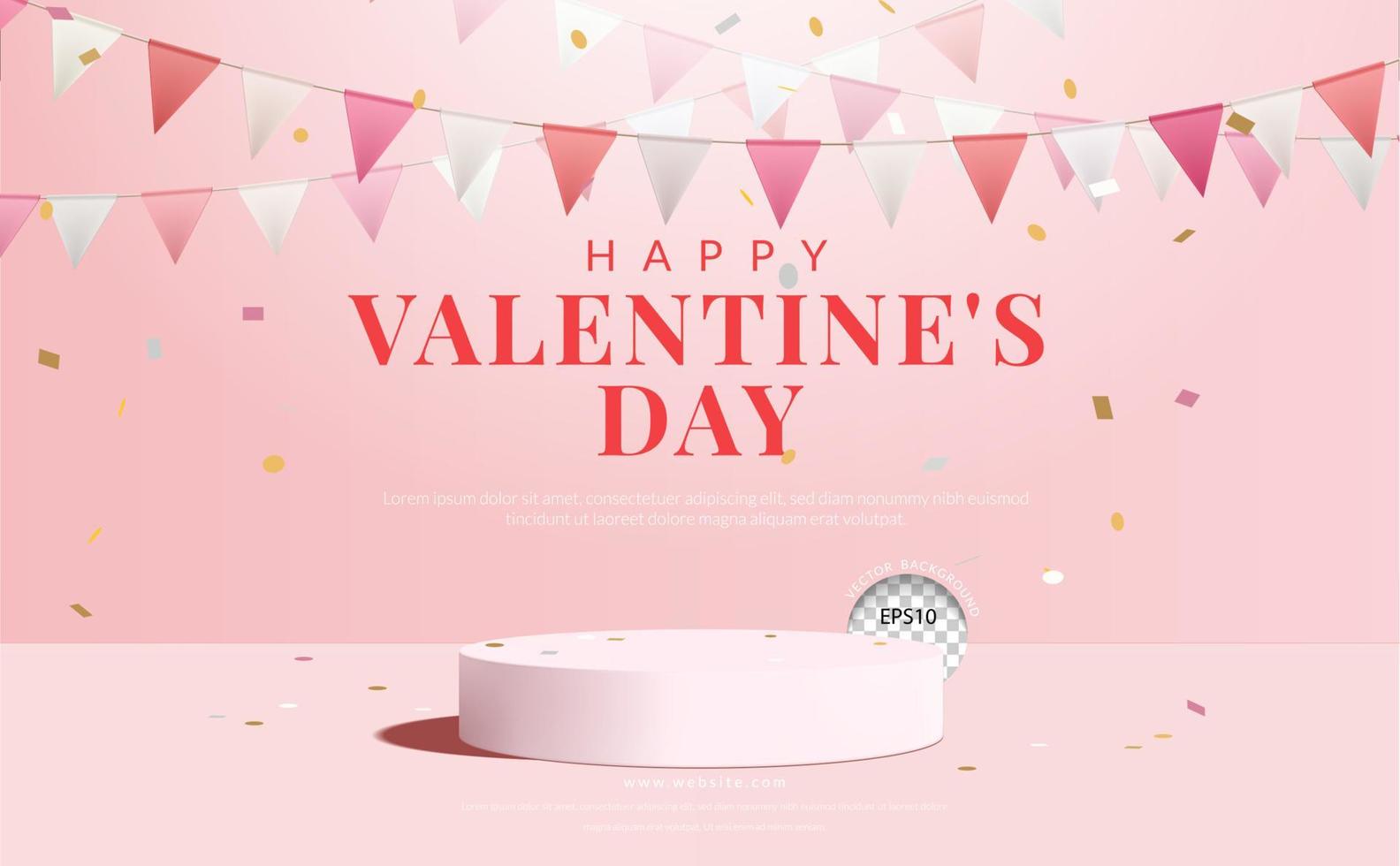 Pink podium with flag and confetti on pink background, Valentine's day concept for product display, Vector illustration