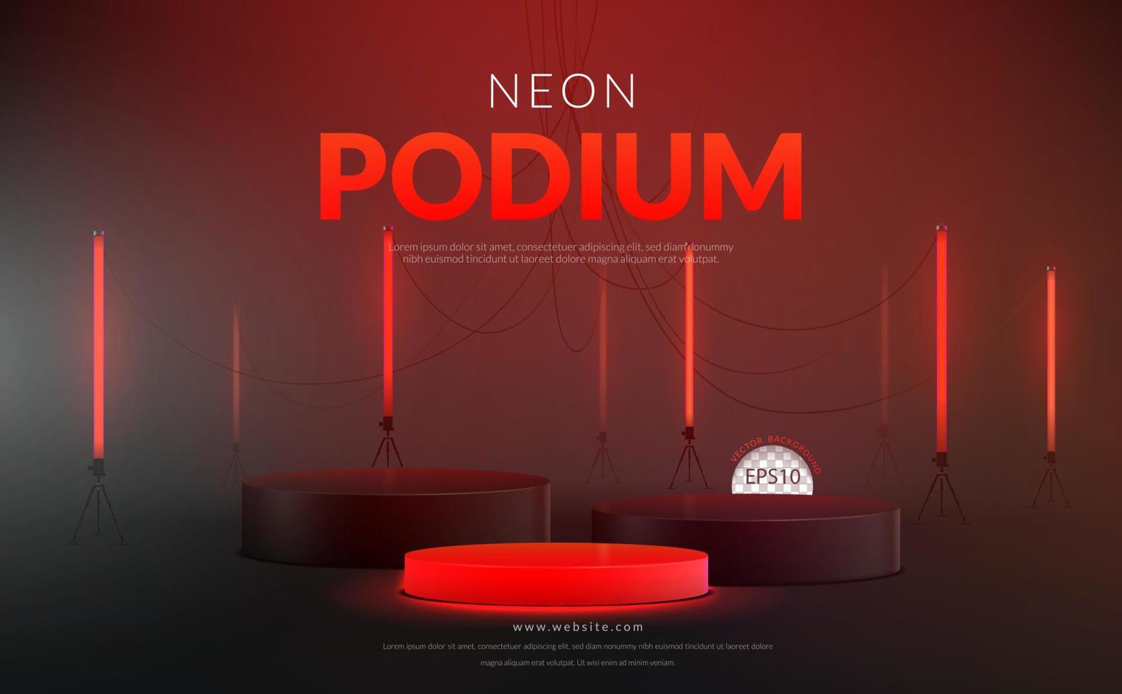 concepto de fondo rojo, podio rojo y negro de tres pasos con luz de neón roja sobre fondo negro para la visualización del producto, ilustración vectorial vector