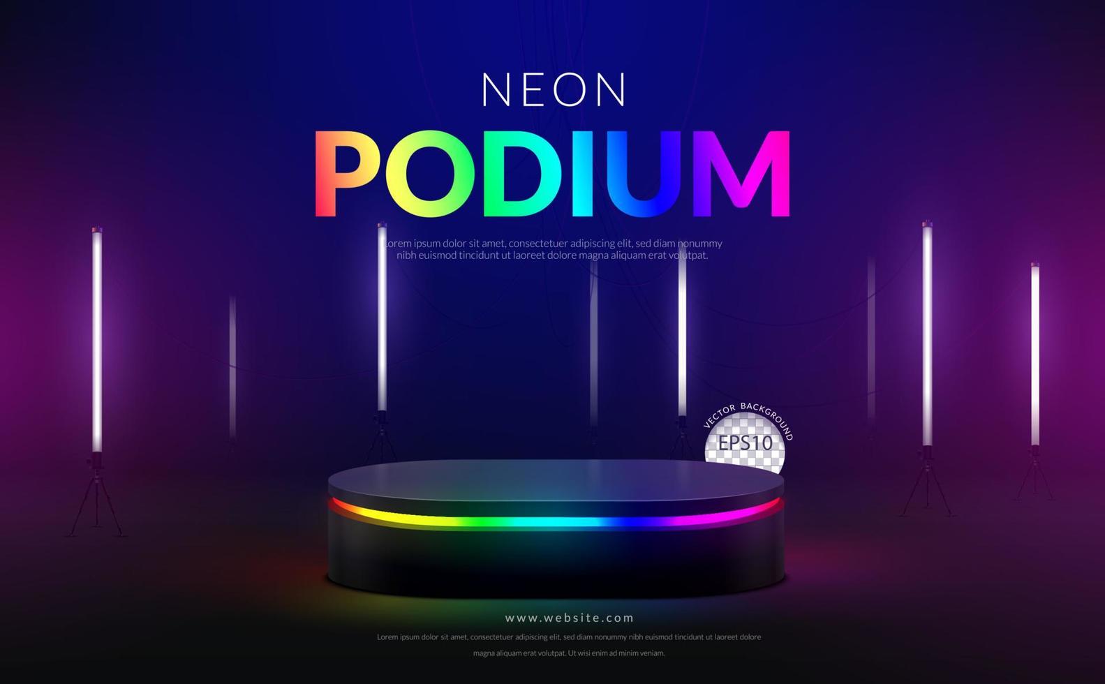 Colorful rgb neon ellipse podium with white fluorescent tube on black background for product display, Vector illustration