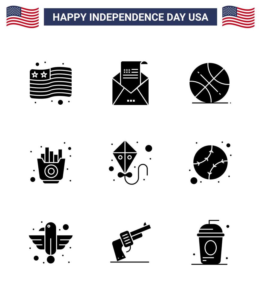 Happy Independence Day USA Pack of 9 Creative Solid Glyphs of summer chips backetball fries fast Editable USA Day Vector Design Elements