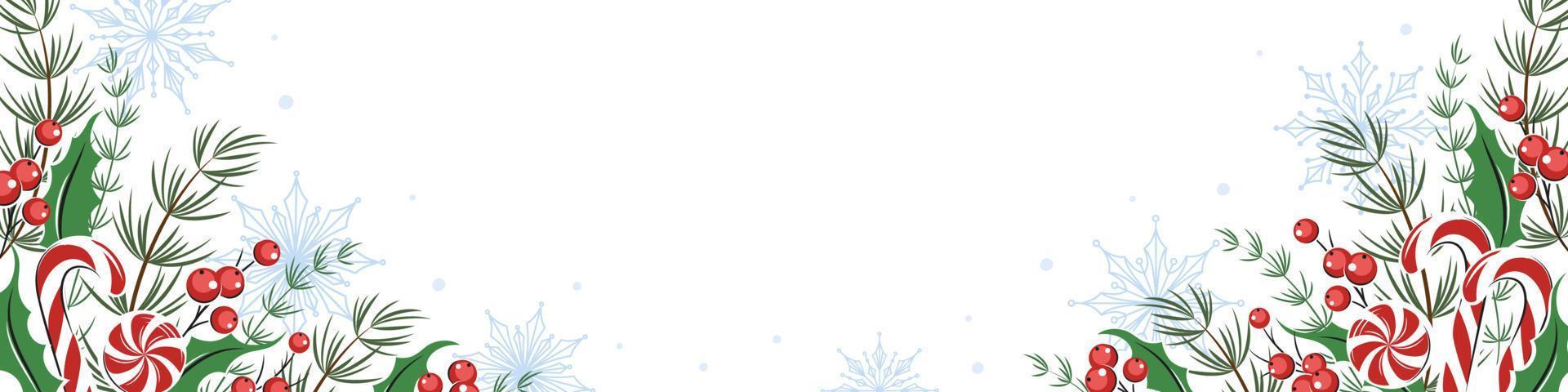 Christmas background with place for text. Horizontal banner, background decorated with different winter plants, cookies and sweets background. Vector illustration