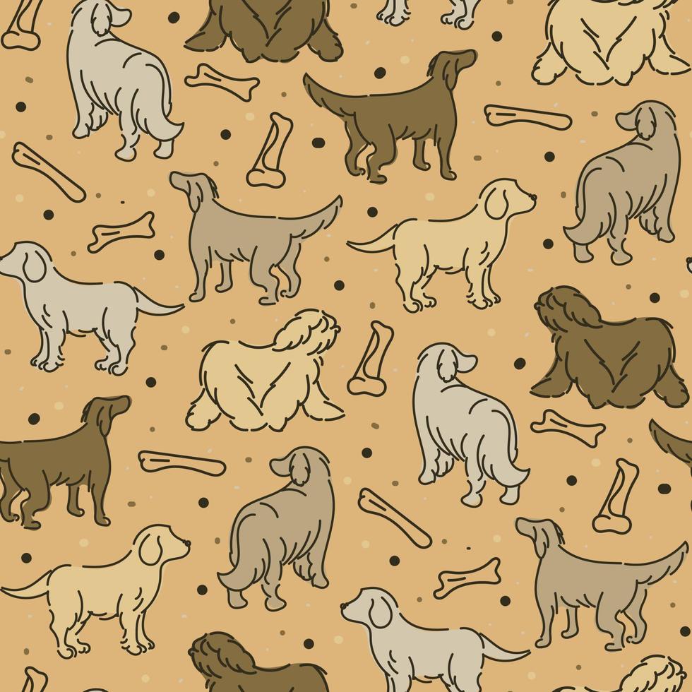 Drawing with different dogs in different poses. Graphic drawings of dogs with brown lines and spots, dots, bones. Suitable for printing on paper and textiles. Gift wrapping, clothing vector