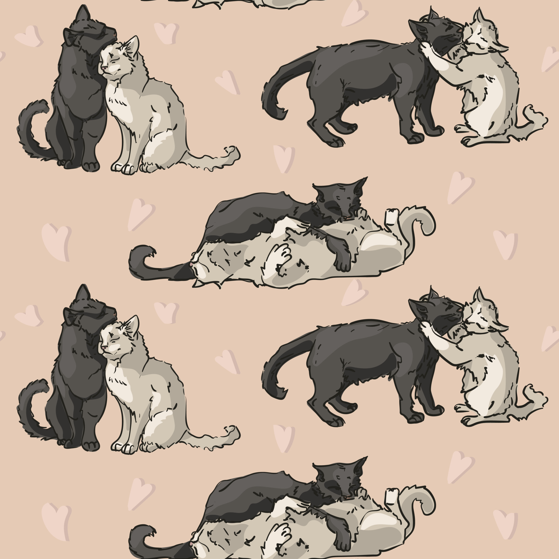 A pattern of cute and funny cats cuddling. A collection of cartoon ...