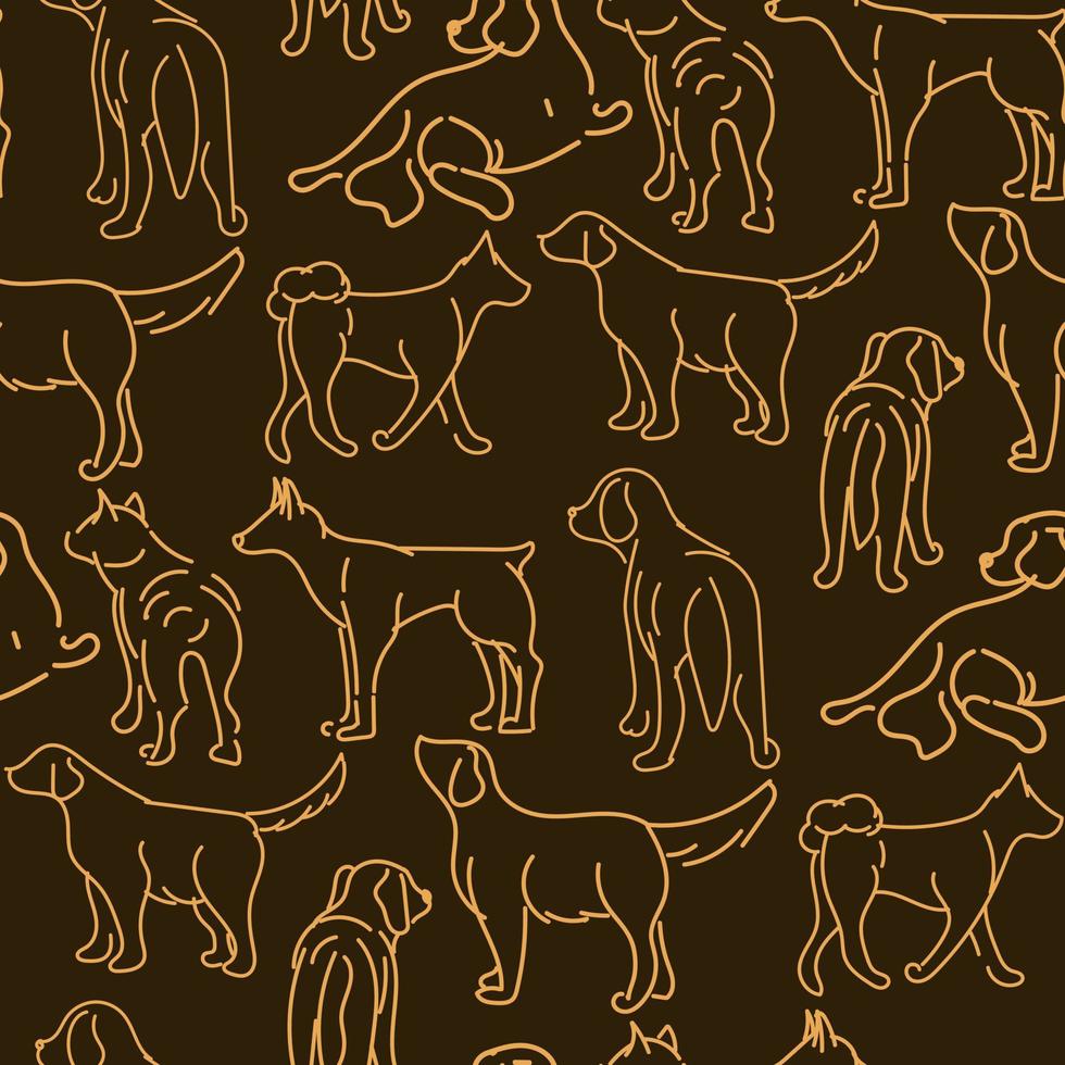Drawing with dogs in different poses. Line graphics on a dark background. Light lines on dark. Suitable for printing on paper and textiles. Gift wrapping, clothing. vector