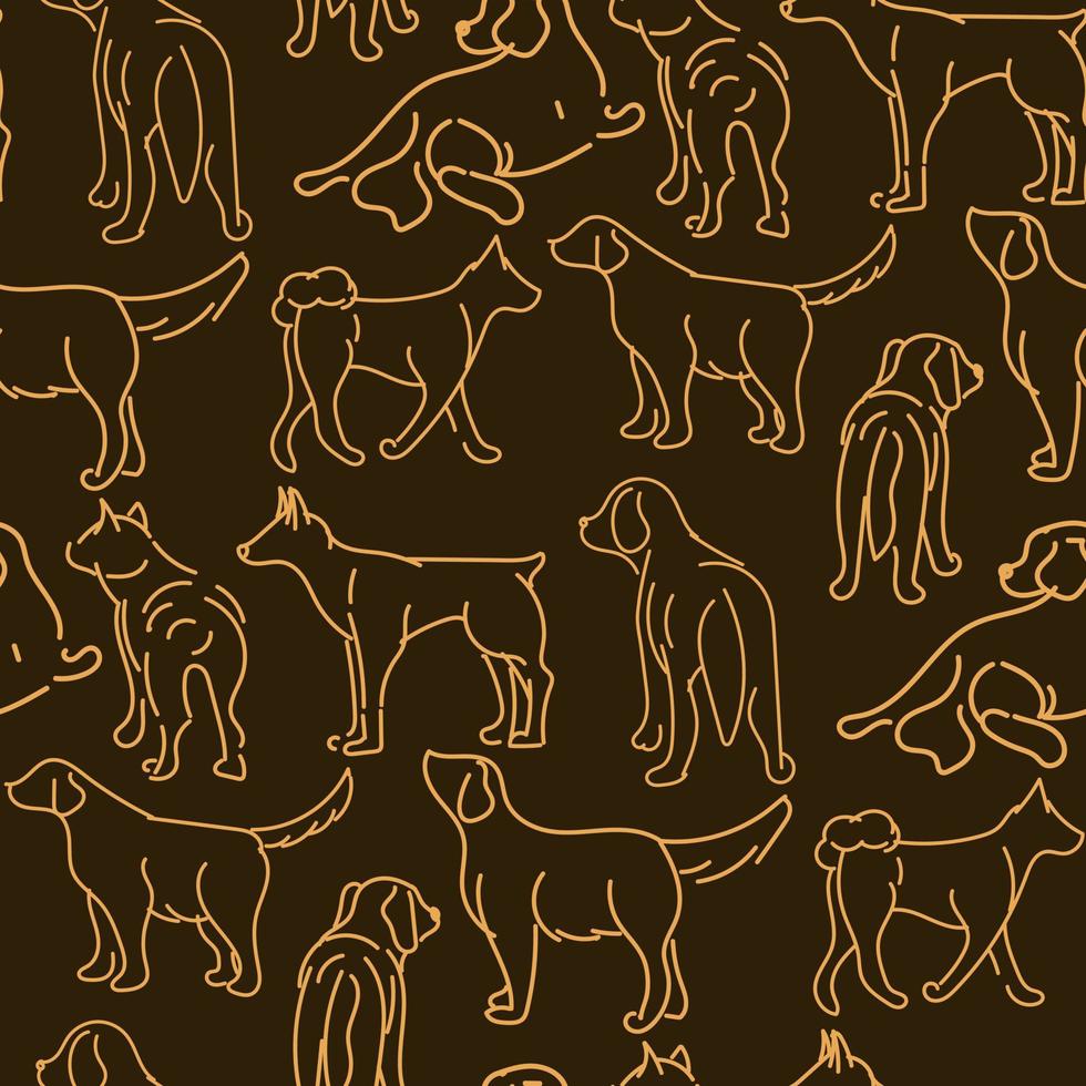 dibujo con perros en diferentes poses. gráficos de líneas sobre un fondo oscuro. líneas claras en la oscuridad. adecuado para la impresión en papel y textiles. envoltura de regalos, ropa. vector