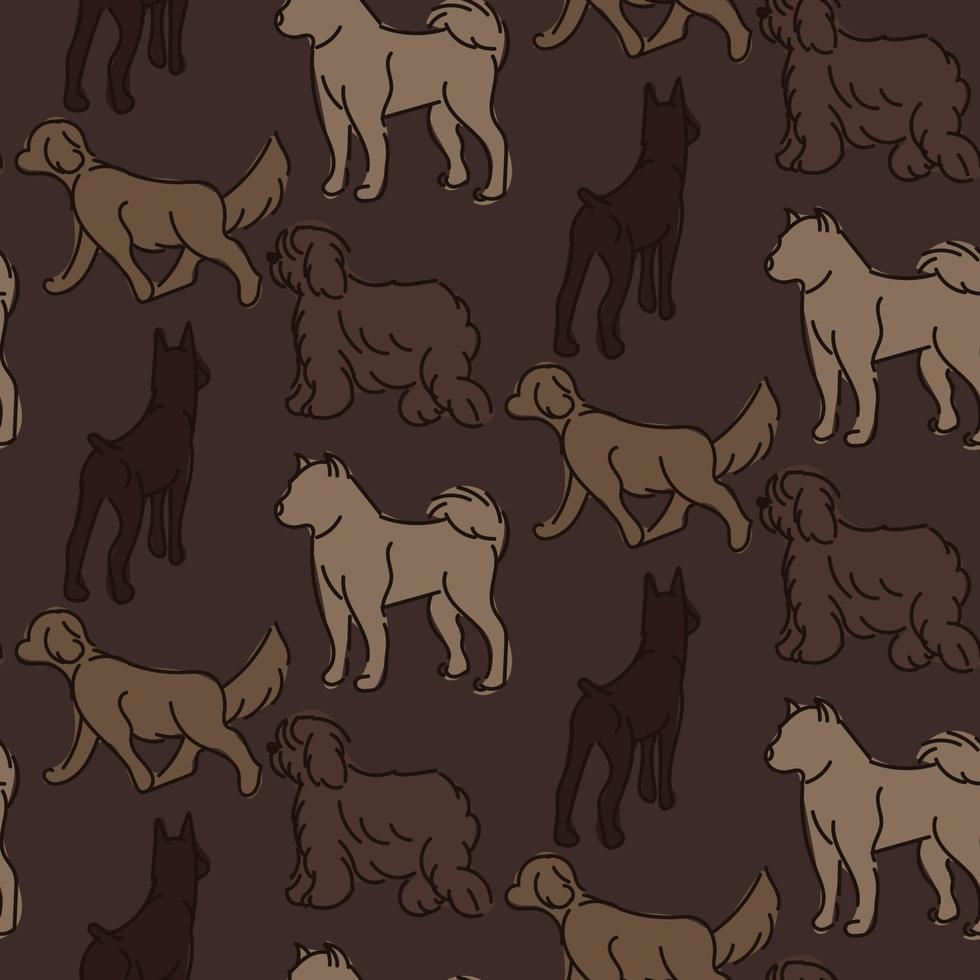 Drawing with different dogs in different poses. Graphic drawings of dogs with spots on a dark background. All shades of brown. Suitable for printing on paper and textiles. Gift wrapping, clothing vector